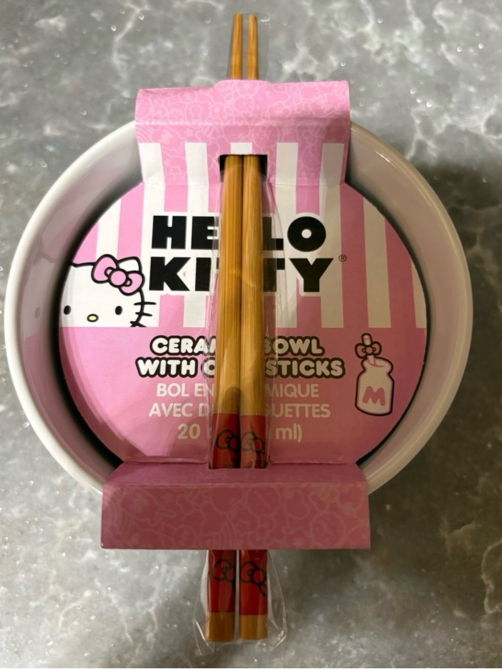 Hello Kitty Pink Ceramic Bowl with Red-Accented Chopsticks